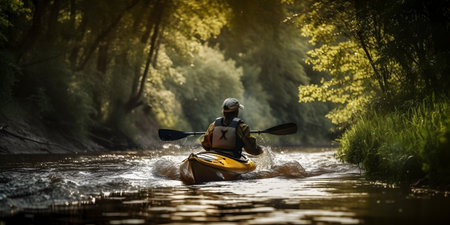 Kayaking on the river in the summer. A man in a kayak sails along the river.の素材