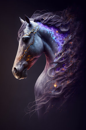 Horse head with abstract fire effect on black background. fantasy illustrationの素材