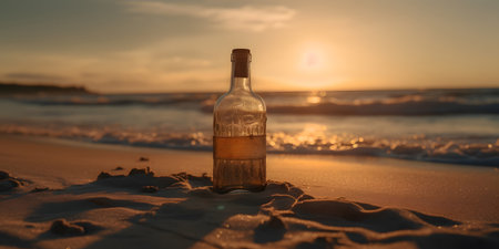 Bottle of whiskey on the beach at sunset. selective focus.の素材