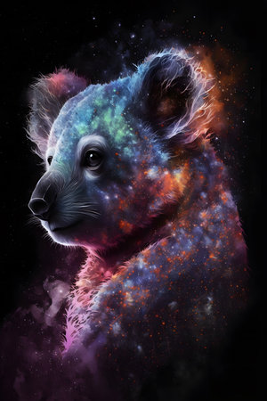 Digital painting of a koala in outer space with colorful nebulaの素材