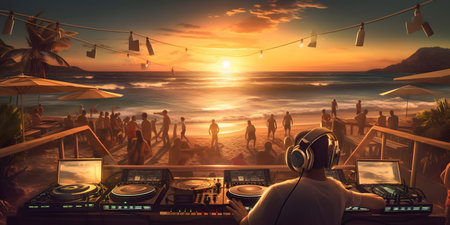 DJ party on the beach at sunset. 3d rendering.の素材