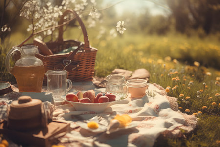 Picnic in the countryside on a sunny day. Picnic basket, tea, fruits and flowers.の素材