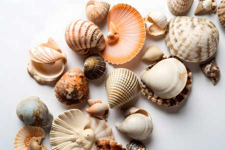 Seashells on a white background. Flat lay, top view.の素材