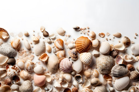 Seashells on a white background. Flat lay, top view.の素材