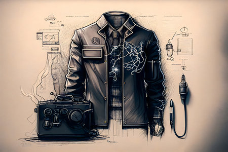 Sketch of a man's jacket with a camera and a chargerの素材