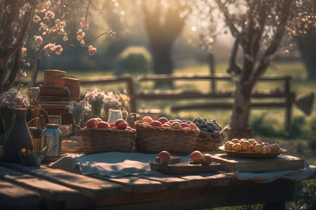 Basket with fruits on a wooden table in the garden at sunsetの素材