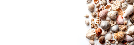 Seashells on a white background. Top view with copy space.の素材