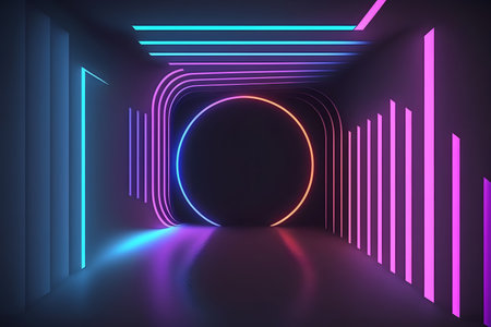 3d render, abstract background with neon lights, empty room.の素材