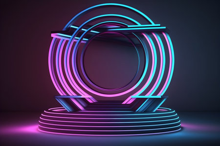 Neon round podium illuminated with pink and blue neon lights. 3D renderingの素材
