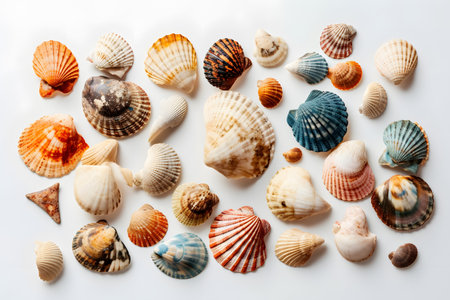 Seashells on a white background. Flat lay, top view.の素材