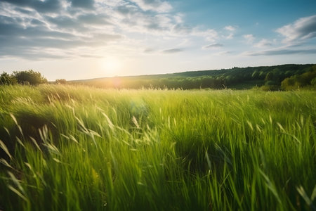 Sunset or sunrise in an agricultural field with ears of young green grass. Landscape.の素材