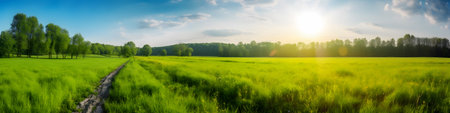 Sunset over green meadow. panoramic view. Spring landscape.の素材