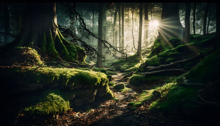 Mysterious dark forest with green moss and sunlight. Halloween conceptの素材