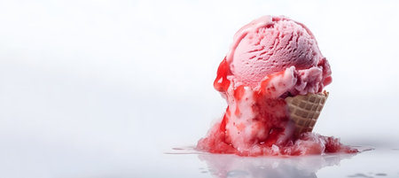 Scoop of strawberry ice cream in waffle cone on white backgroundの素材