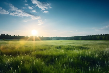 Beautiful summer landscape with green field and bright sun on blue skyの素材