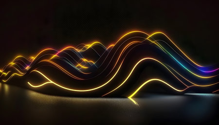 3d render, abstract background with neon lines, waves on dark backgroundの素材