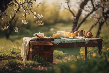 Breakfast with tea and fruits on a wooden table in the gardenの素材