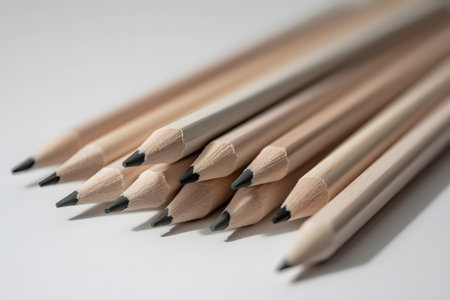Pencils on a white background. Close-up, selective focus.の素材