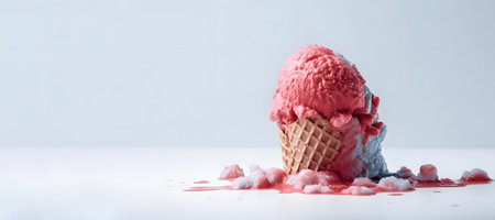 Pink ice cream in waffle cone on white background with copy spaceの素材