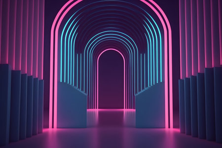 Abstract 3d rendering of a neon tunnel. Futuristic architecture background.の素材