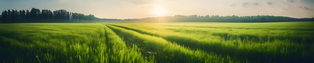 Sunset over a field of young green wheat. panoramic view.の素材