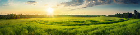 Sunset over green field and forest. panoramic view.の素材