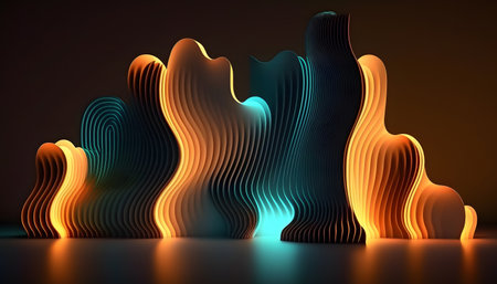 3d render, abstract background with blue and orange neon waves.の素材