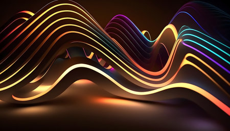 3d rendering of abstract background with glowing wavy lines in dark spaceの素材