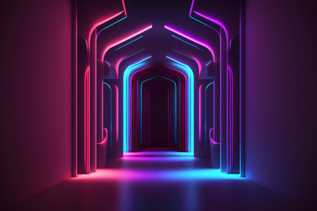 Illuminated corridor with neon lights, 3d rendering. Computer digital drawing.の素材