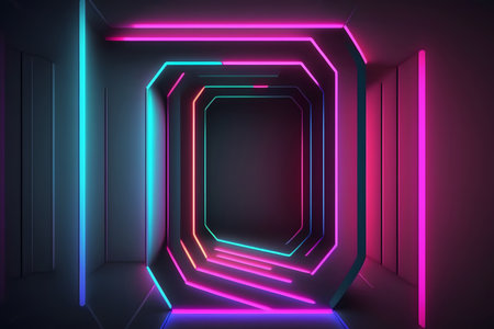 Abstract neon interior background. 3D rendering. Neon glowing tunnel.の素材