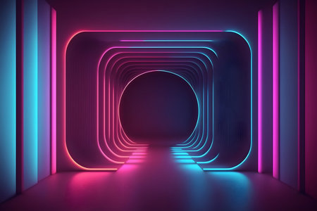 3d render, abstract background with neon lights, neon tunnel, empty interiorの素材
