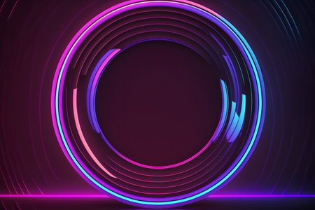 Neon circles abstract background, vector template. Glowing lines in dark space.の素材