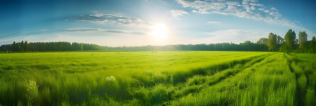 Panoramic view of a green meadow in the morning.の素材