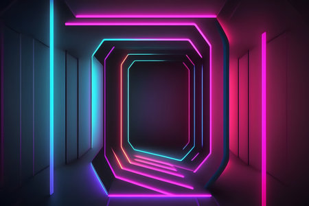neon tunnel. Futuristic interior design. 3D rendering.の素材