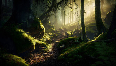 Mysterious dark forest. Fantasy forest with fog. 3D renderingの素材