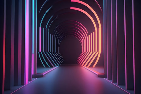 Futuristic corridor with glowing neon lights. 3D Renderingの素材
