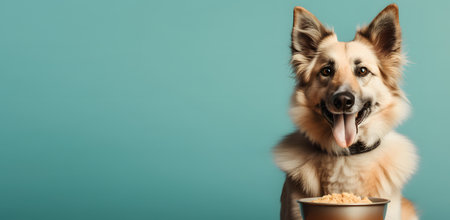 funny border collie dog with a bowl of popcorn on blue backgroundの素材