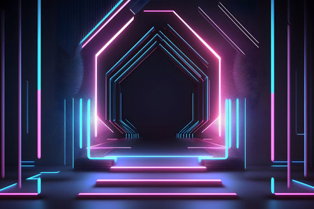 3d abstract background with neon lights, neon tunnel, empty stage, ultraviolet lightの素材
