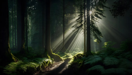 Mysterious dark forest with rays of light shining through the treesの素材
