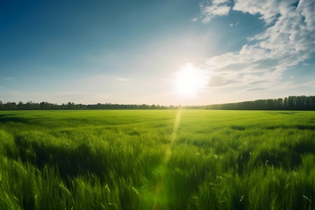 Sunset over the field with green grass and blue sky. Beautiful summer landscape.の素材