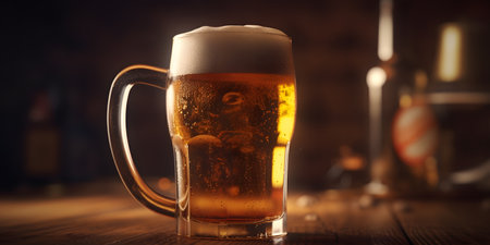 Beer in a glass on a wooden table in a pub. Beer backgroundの素材