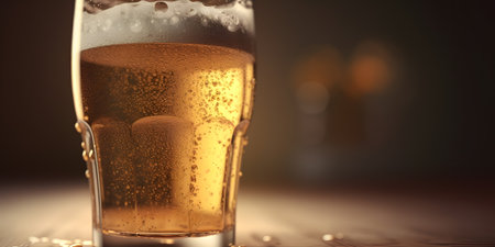 Glass of beer on the wooden table with bokeh background.の素材