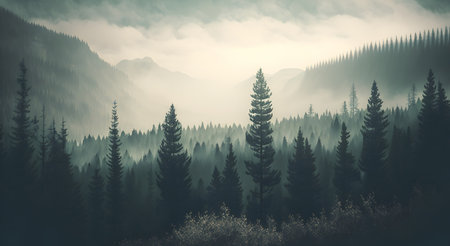 Foggy mountain landscape with coniferous forest and fog.の素材