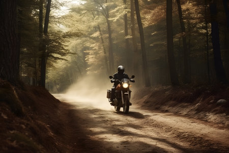 Motorcyclist riding on a dirt road in the autumn forest.の素材