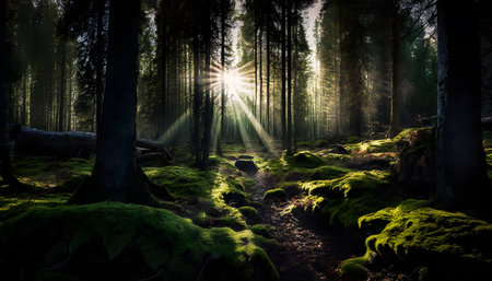 Sunlight in the dark forest with moss and ferns.の素材