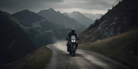 Motorcyclist riding on the road in the mountains.3d renderingの素材