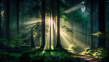 Fantasy forest with rays of light coming through the tree trunksの素材