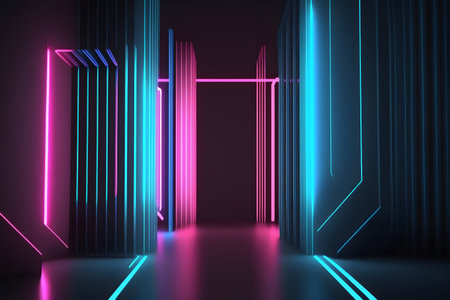 Glowing neon door in dark room with glowing lights. 3D renderingの素材