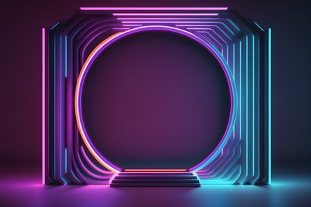 Neon glowing round frame, 3d rendering. Computer digital drawing.の素材