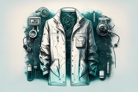 Collage of doctor's coat with tools and sketches on light backgroundの素材